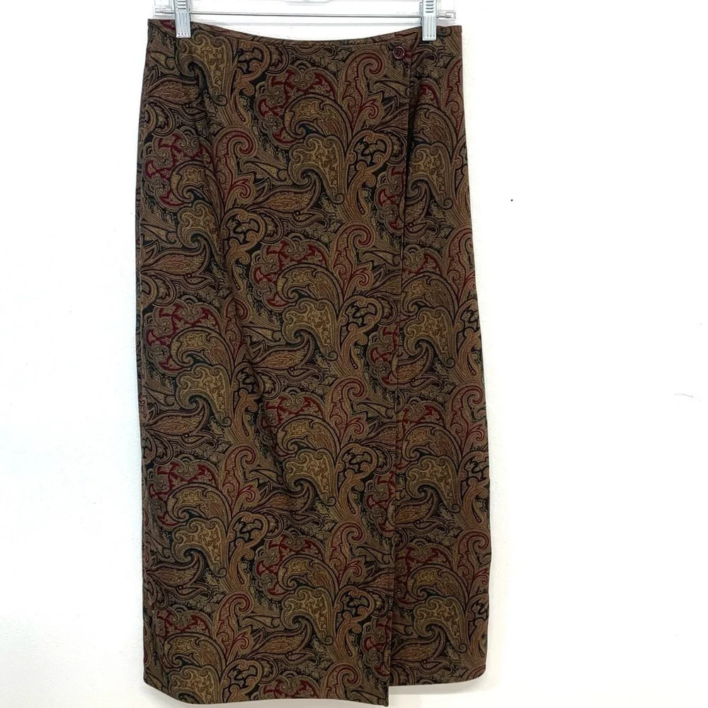 Talbots Midi Wap Skirt 10 Brown Paisley Print Button Waist Closure Machine Wash